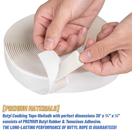 4 Pack Butyl Tape Bulk,1/8" x 3/4" x 30 ft, White Butyl Sealant Tape, Butyl Rubber Caulk Tape, Perfect Butyl Tape RV Window Sealant Tape, Roof Caulk Tape, Butyl Rubber Roll, EPDM Rubbers Roof Patching