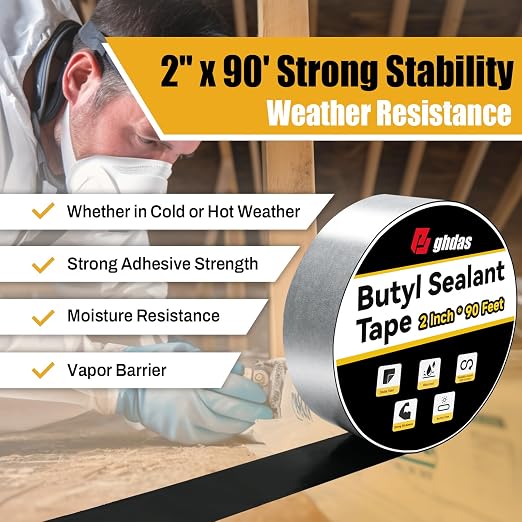 Bghdas - 2 Pack Butyl Sealant Tape 2" X 90' - Double Sided - Black Vapor Barrier Butyl Tape for Wall of Crawl Space, Rv Windows, Deck Boat, Crawlspace (Waterproof, Weatherproof)