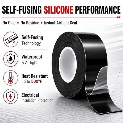 Self-Fusing Silicone Tape 1" x 5' x 20mil – Waterproof Emergency Repair Tape for Radiator Hoses, Pipes & Electrical Wiring – Heat Resistant, Insulating, Chemical Resistant, No Residue, Black