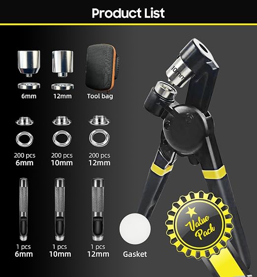 HAPDEN Grommet Tool Kit 1/2 1/4 3/8, Heavy Duty Tarp Grommet Kit for Fabric | 6/10/12MM Eyelet Punch Took Kit With Bag, Metal Eyelet and Grommet Maker for Tarps,Leather, Banners, Flag,Ring,Tents, Vinyl