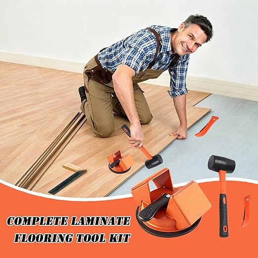 Floor Gap Fixer Tool with Rubber Hammer & Adhesive Pads, Laminate Vinyl Flooring Suction Cup Repair Tool for Closing Floor Gaps, Professional Flooring Installation Kit (Black)