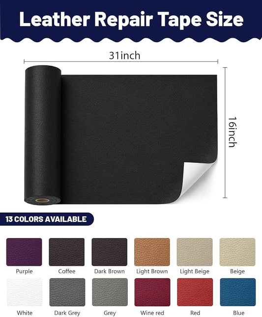 BOUYEER Leather Repair Patch Tape Kit,Self Adhesive Leather Repair for Sofa,Car Seat,Office Chair,Furniture,Jacket,Waterproof Strong Adhesive Vinyl Repair Kit. 16 in x 31 in,Black