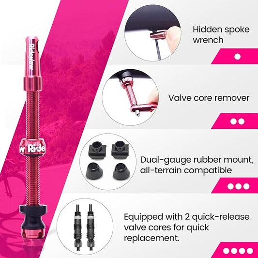 RideNow Tubeless Presta Valve Stems, 85mm Super Light 7075 Aluminum Alloy Presta Tubeless Valve Stem Kit with Valve Core Remover Tool and Valve Stem Caps, Multiple Color & Size Options(Pair), Rose Red