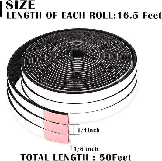 Black Foam Weather Stripping 1/4 Inch W x 1/8 Inch T,Single Sided Foam Tape for Door and Window,AC Seal,High Density Foam Insulation Strip,Soundproof and Closed Cell Weatherstrip 3 Roll(Total 50 Feet)