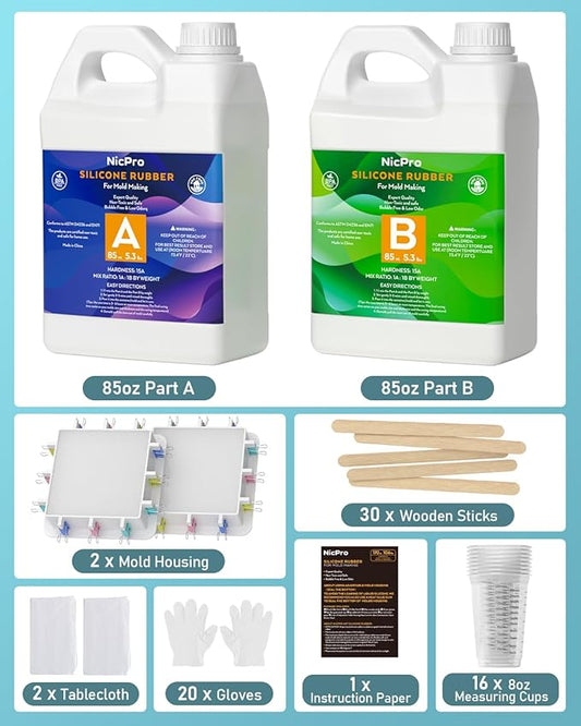 Nicpro 170oz Silicone Mold Making Kit 15A, Translucent Silicones Rubber, Non-Toxic Flexible & Food Safe Mold Kit, Mix Ratio 1:1 Casting Silicone for Resin with Frame Housing