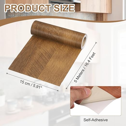 uxcell Wood Tape, 6 Inch x 16ft Self-Adhesive Wood Grain Repair Tape Patch with Plastic Scraper for Baseboards, Doors, Windows, Floor Repair and Furniture Renovation, Brown