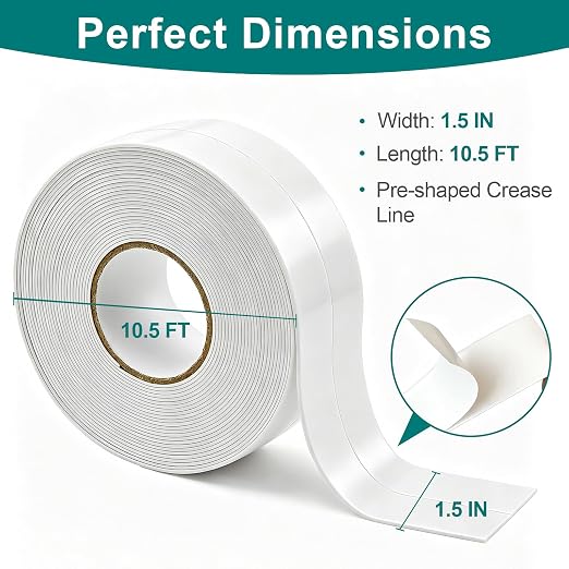 TOUSEA Professional Waterproof Caulk Strip - Self Adhesive White Sealing Tape for Toilet, Tub, Peel and Stick Backsplash Finisher - Renter Friendly, Easy Install (White-1.5IN-10.5FT-N01)