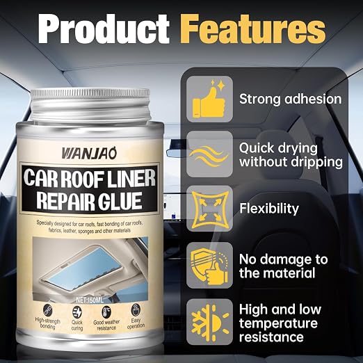 150ML Headliner Repair Glue, Car Headliner Adhesive for Cars Headliner Repair Glue Flexible Car Roof Liner Adhesive with Brush for Automotive interiors, Fabric, Leather