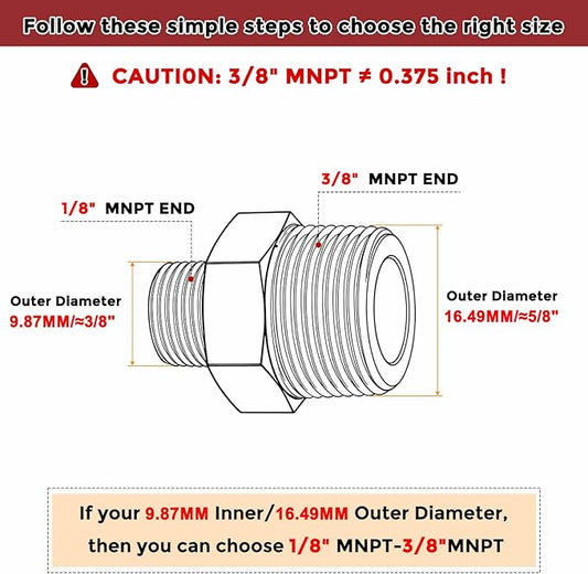 Pack of 4, 3/8" MNPT To 1/8" MNPT Solid Brass Hex Nipple Hose Connectors, Male Pipe Adapter for Pipe Leak Repair, Bathroom Remodeling, Tool Extension, Compression