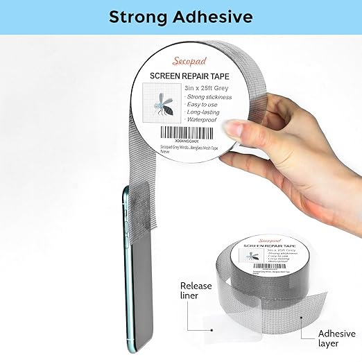 Secopad Grey Window Screen Repair Tape, 3IN X 25FT (300IN) Screen Repair Kit for Windows or Doors, Strong Adhesive Patch Kit Fiberglass Mesh Tape