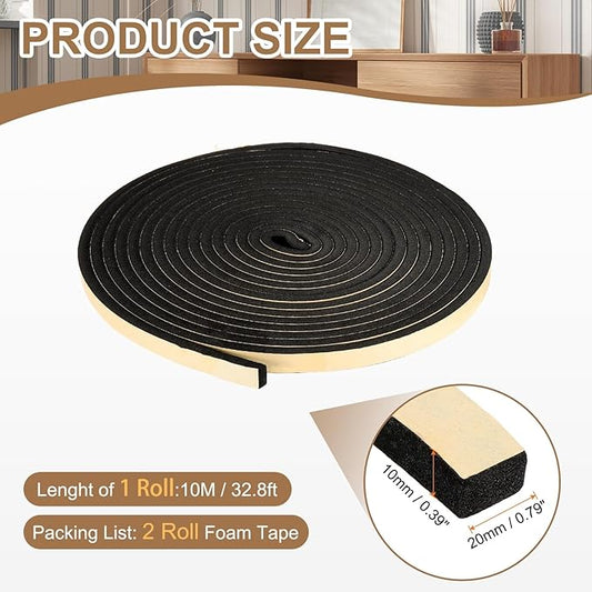 PATIKIL Foam Insulation Tape, 2Pcs 3/4" W x 3/8" t x 32.8FT Self Adhesive Weather Stripping Door Seal Strip for Door Window Air Conditioning, Black