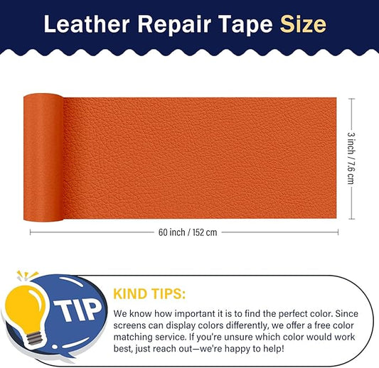 Zenyao Leather Repair Patch Tape - Self Adhesive Leather Repair Kit for Car Seat Furniture, Heavy Duty Vinyl Repair Patch for Couch Sofa, Waterproof for Rips Scratches Tears, 3x60 Inch Roll, Orange