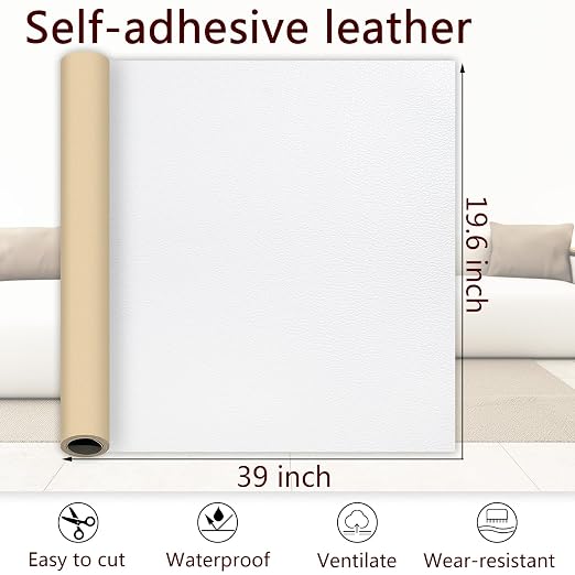 White Leather Repair Patch, 39.3 x 19.6 Inch Self Adhesive Leather Repair Tape, Large Vinyl Leather Repair Kit for Furniture, Car Seats, Sofats, Couch, Office Chair