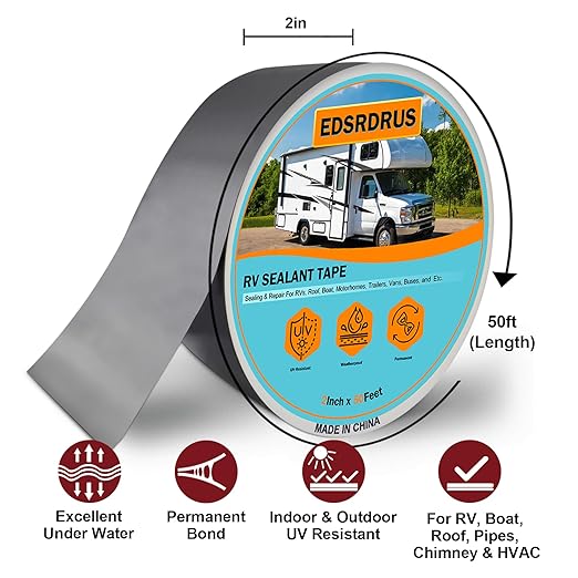 EDSRDRUS RV Roof Tape, Heavy-Duty Adhesive Butyl Seal Tape Waterproof UV-Resistant for RV Repair, RV Sealant Tape for Boat, Camper Roof Leaks (Grey, 2inch*50ft)