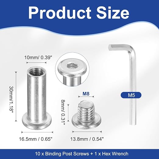 PATIKIL M8x8mm Hex Chicago Screws 10x30mm, 10Pcs 304 Stainless Steel Metric Hex Drive Socket Cap Binding Post Screw Posts for Scrapbook Leather Belt Album Furniture Repair, Silver