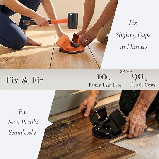 2026 Upgraded Floor Gap Fixer Tool, Heavy Duty Iron Dual 45°Striking Suction Cup for Vinyl Plank LVP, Laminate & Hardwood, 6pc Repair Set with Rubber Mallet & Gap Cleaning Knife (Orange)