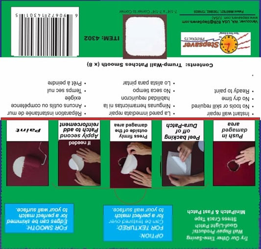 Stepsaver Products USA Made Self-Adhesive Trump Wall Repair Patch Kit Smooth (1) Pack with 8 Repair Patches for Door Knob Sized Holes and 8 Center Reinforcement Patches.