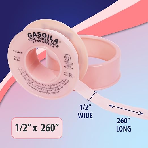 Gasoila Pink PTFE Thread Seal Tape – Professional-Grade High-Density Thread Tape for Water Lines – Leak-Proof Seal, Non-Toxic (1/2 Inch x 260 Inch Roll)