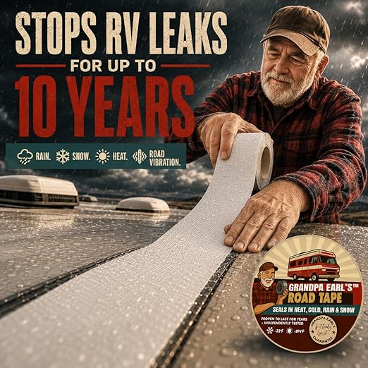 Grandpa Earl's Road Tape – Butyl Seal Repair Tape for RV Roofs – 4" x 50' Waterproof Roof Leak Sealant Tape | UV Resistant, Heat Cold Durable, Industrial & RV Roof Tape
