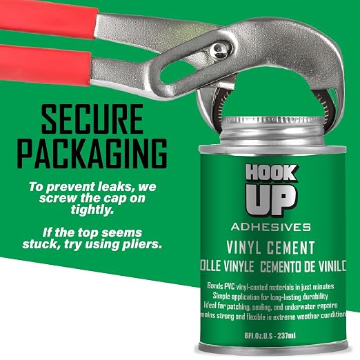 HOOK UP Vinyl Cement – Waterproof Pool Liner Repair Glue for Vinyl & PVC, Fast-Drying Flexible Contact Cement for Inflatables, Air Mattresses, Boats, Tarps, Hot Tubs & Pool Patch Repairs (8 oz)