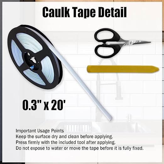 Caulk Tape 0.3" x 20' - Narrow Self-Adhesive White Caulk Strip for Kitchen Corner
