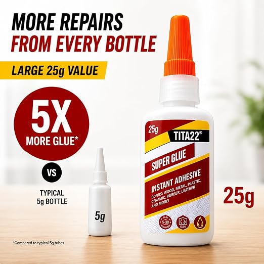 Super Glue, Extra Strong Fast-Drying Cyanoacrylate Adhesive, Large 0.9 oz Bottle with Anti-Clog Precision Tip, Instant Glue for Wood, Metal, Plastic, Ceramic, Rubber, Leather DIY Repairs (25g)