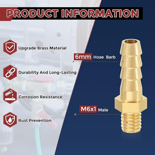 Pack of 10 Brass Hose Barb Fittings Adapter Connector 6mm Hose Barb to M6x1 Male Fittings for Home Machines, Massage Bathtubs, and Irrigation Systems