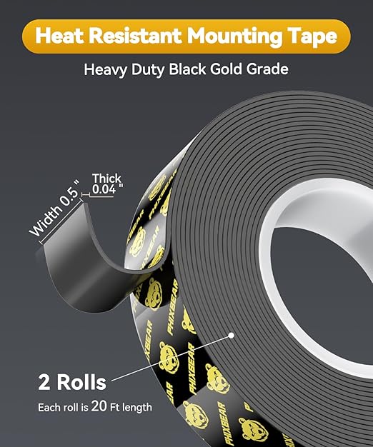 PHIXBEAR 2 Rolls Heavy Duty Double Sided Tape, Heat-Resistant & Waterproof Outdoor Indoor Automotive Mounting Tape, Removable No Residue Super Strong Adhesion Foam Tape, 0.5" x 20FT