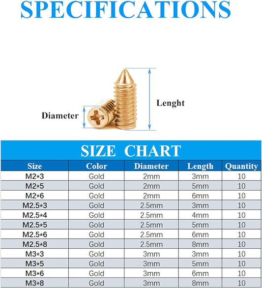 120 pcs Nickel Plated Tip Screws Pointed Cross Slot Leather Accessories 12 Sizes Gold Belt Screws Include M2*3-M2*6, M2.5 * 3-M2.5 * 8, M3*3-M3*8 with 2mm Screwdriver for Belt Buckle Wallet Handbag
