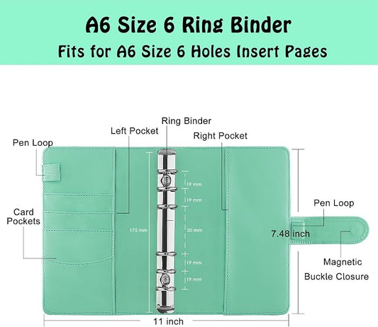 Antner A6 Binder 6 Ring Refillable Notebook Planner for A6 Refill Paper, PU Leather Loose Leaf Personal Budget Planner Money Organizer Cash Stuffing Binder with Magnetic Buckle Closure, Light Green