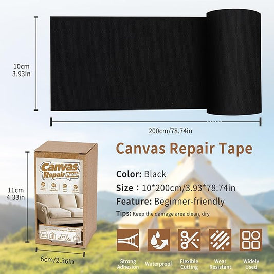 Fabric Repair Tape, 4" x 79" Waterproof Self-Adhesive Canvas Repair Tape, Fabric Patches Kit for Furniture, Tents, Beach Umbrellas, Boat Covers Awnings, Couches, Clothes, Bags, Black