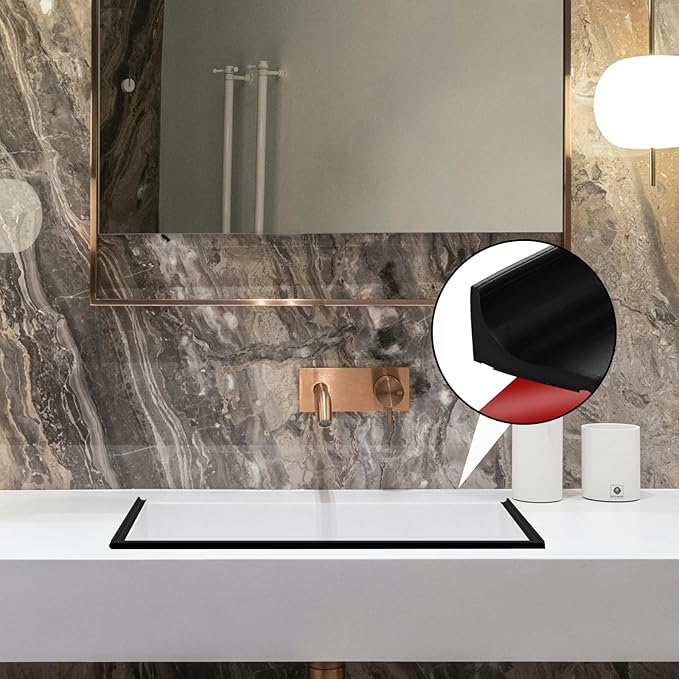 39 Inch Shower Threshold Water Dam, Silicone Barrier Shower Door Bottom Seal Strip, Self Adhesive Waterproof Barrier, for Kitchen Countertop Sink, Cooktop, Bathroom(Black)