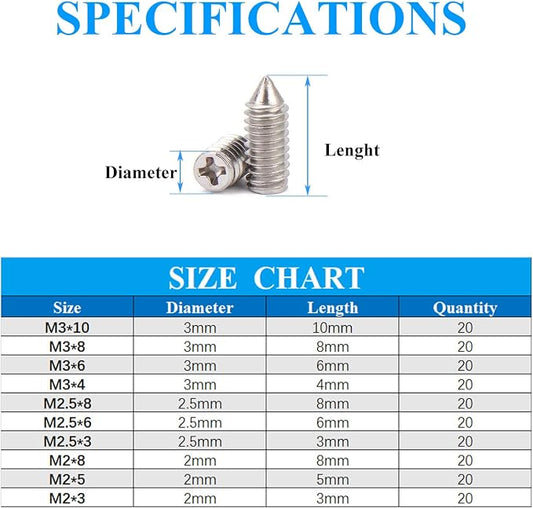 200 pcs Nickel Plated Tip Screws Pointed Cross Slot Leather Accessories 10 Sizes Belt Screws Include M2*3-M2*8, M2.5 * 3-M2.5 * 8, M3*4-M3*10 with 2mm Screwdriver for Belt Buckle Wallet Handbag Purse