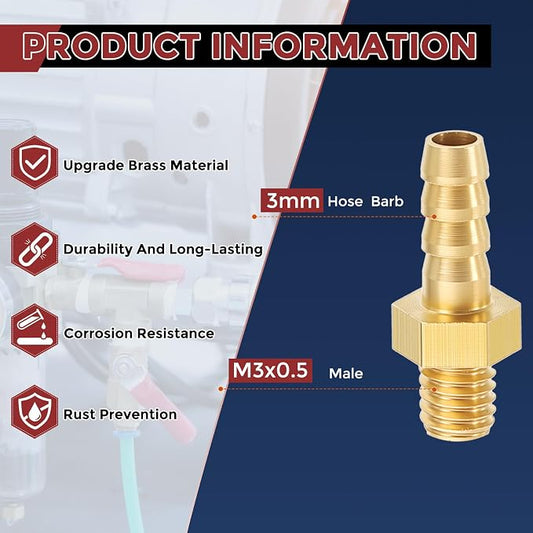 Pack of 10 Brass Hose Barbs Fittings 3mm Hose Barbs to M3x0.5 Male Fittings for Home Machines, Massage Bathtubs, and Irrigation Systems