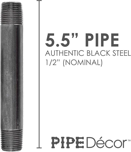 PIPE DÉCOR 1/2" x 5" Malleable Cast Iron Pipe Nipple, Pre Cut Connectors, Industrial Steel Grey Fits Standard Half Inch Black Threaded Pipes Nipples and Fittings, Vintage DIY Furniture, 6 Pack