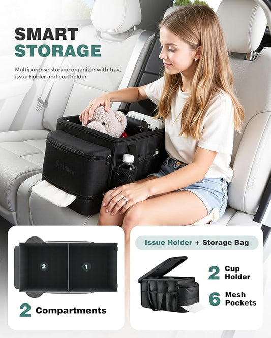 FLORICH Car Seat Organizer, Premium Backseat Car Organizer with Tray for Kids and Adults, Front Passenger Organizer with Tissue Box and Cup Holder and Mesh Pockets Waterproof