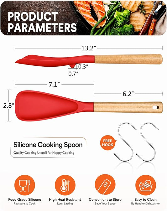 Cooking Spoon for Nonstick Cookwares, Great for Cooking and Serving Sturdy BPA-Free Matte Silicone, Wood Handle Spoon for Mixing, Scoop, and Scrape (2 Pack of Red, 13.4 inch)