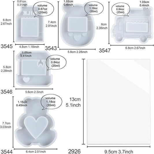 Resin Shaker Molds Set Epoxy Jewelry Casting Supplies Claw Machine, Dessert Truck, Game Console, Bear, Milk 5 Silicone Trays with 5 Seal Films Large Height 2.3-3inch