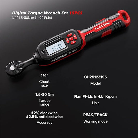 Bike Digital Torque Wrench 1/4" Drive 15-Piece Kit | 1.5-30 N.m / 1-22 Ft.lb Torque Range for MTB & Cycling Maintenance