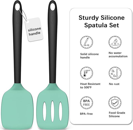 Coukre 2 Pack Silicone Spatula Set, High Heat Resistant, BPA Free Kitchen Spatula, Solid & Slotted Turner for Non-Stick Pans, Sautéing, and Flipping (2, AquaGreen)