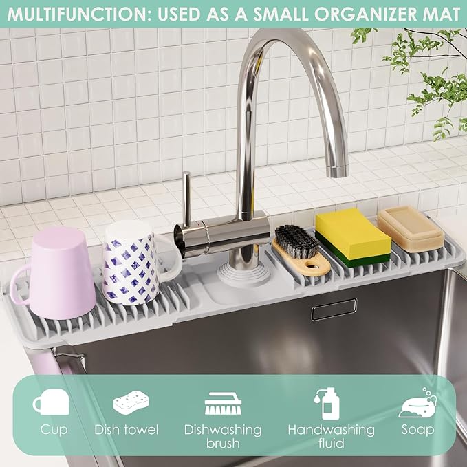 24 Inch Silicone Faucet Mat for Kitchen Sink Splash Guard - 7Β° Slope Water Draining Mat With Fasten Button for Bathroom Area (Gray, 24"x5.5")