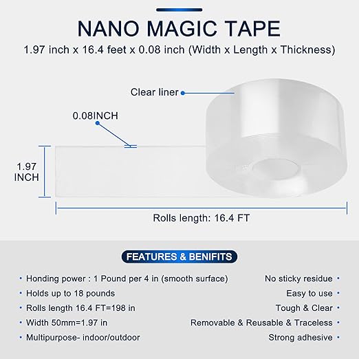 SANKEMU Double-Sided Tape Heavy Duty 16.5 FT x 1.18 in – Clear Removable Mounting Tape for Walls, Carpet, Rugs, Posters – Reusable, No-Residue, Indoor/Outdoor Nano Gel Grip