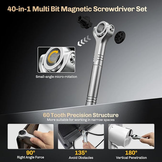 Magnetic Screwdriver Set 40-in-1 Ratchet Screwdriver Tool Kit with 270° Ball-Joint Handle - Portable CRV Bits Precision Repair Tool Set for Electronics,Computer,Phone,Bikes, Watches,Camera