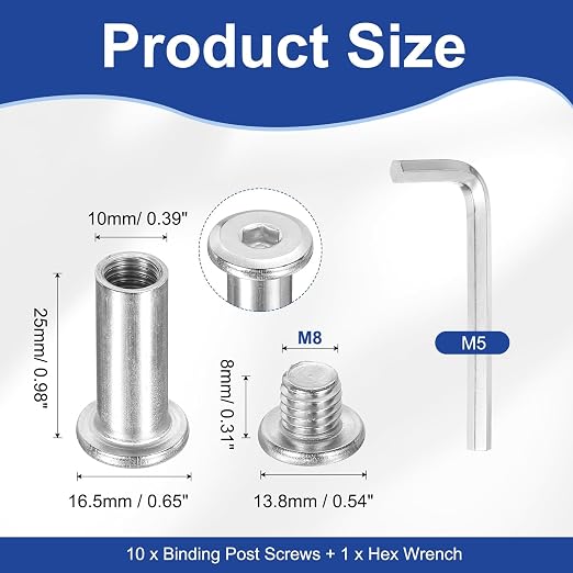 PATIKIL M8x8mm Hex Chicago Screws 10x25mm, 10Pcs 304 Stainless Steel Metric Hex Drive Socket Cap Binding Post Screw Posts for Scrapbook Leather Belt Album Furniture Repair, Silver
