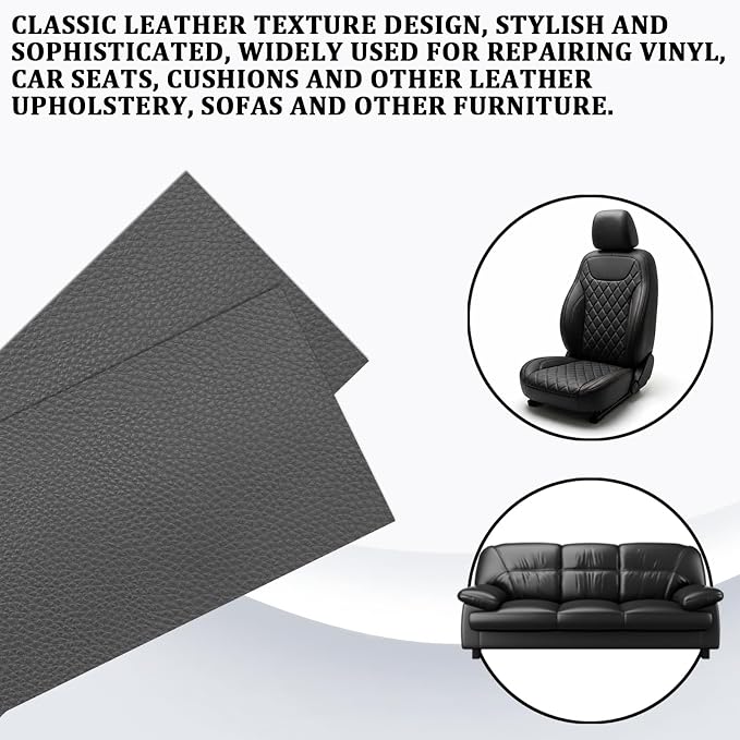 2 PCS 8 x 4 Inch PU Leather Patch for Car Seat Repair, Self-Adhesive Waterproof Vinyl Scratch Repair Kit, Breathable Leather Patches for Furniture, Car Upholstery, Couch, Sofa, Chair (Gray)