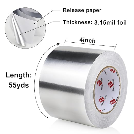BOMEI PACK Aluminum Foil Tape,Heavy Duty Metal Duct Tape,High Temperature Silver Tape,Perfect for Sealing & Patching,HVAC,Air Ducts,Insulation and Metal Repair (4 Inch)