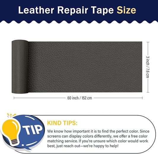 Zenyao Leather Repair Patch Tape - Self Adhesive Leather Repair Kit for Car Seat Furniture, Heavy Duty Vinyl Repair Patch for Couch Sofa, Waterproof Fix for Tears, 3x60 Inch Roll, Dark Grey