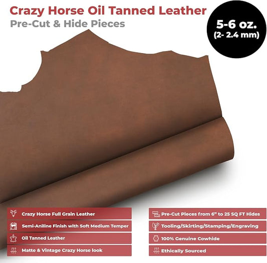 ELW Crazy Horse Leather 5-6 OZ (2-2.4mm) | Bourbon Brown | Pre-Cut 13-15 SQ FT | Full Grain Cowhide Handmade Leather for DIY, Crafts, Sheaths, Sewing, Workshop