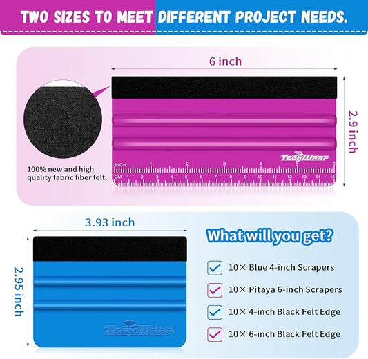 TECKWRAP Professional Squeegee for Vinyl, 20 PCS Plastic Felt Squeegee Tool Decals Inkjet Vinyl Sticker Paper, and Wallpaper Application Tools, 6 Inch Pitaya×10 & 4 Inch Blue×10