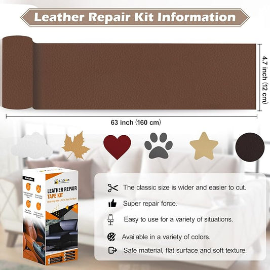 Leather Repair Tape, 4.7x63 inch Leather Patches for Furniture, Self Adhesive Leather Repair Patch for Sofas, Couches, Leather Covers, Seats, Chairs, Vinyl Repair Tape Dark Brown